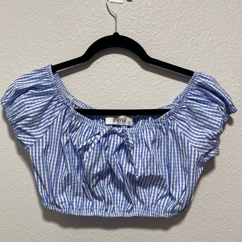 Graffiti Blue and White Seersucker Crop Top Size Large